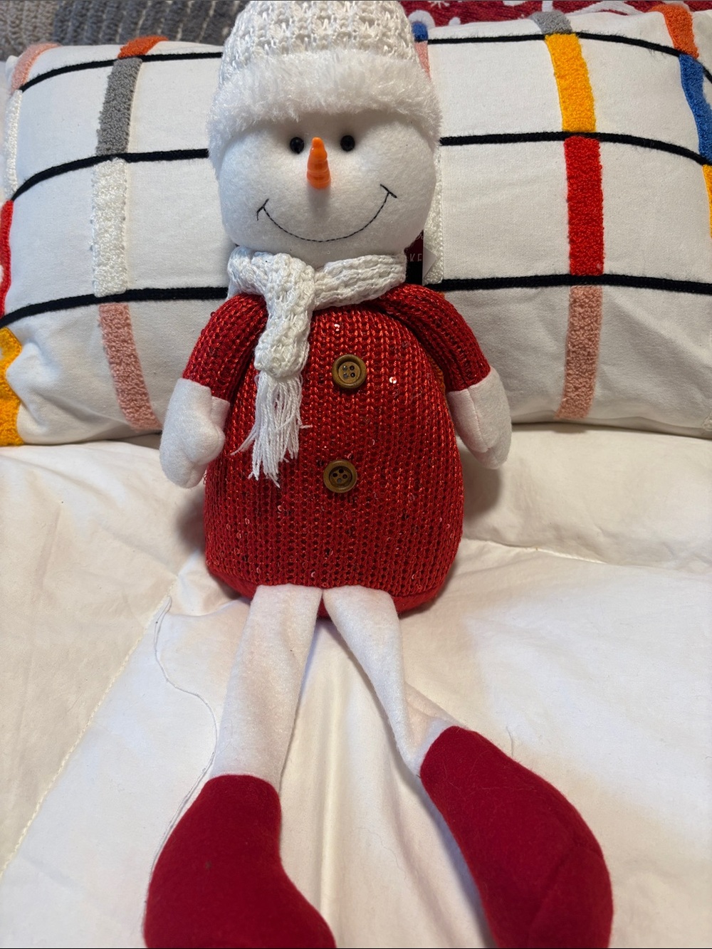 Festive Red Snowman Plush Pillow with White Scarf
